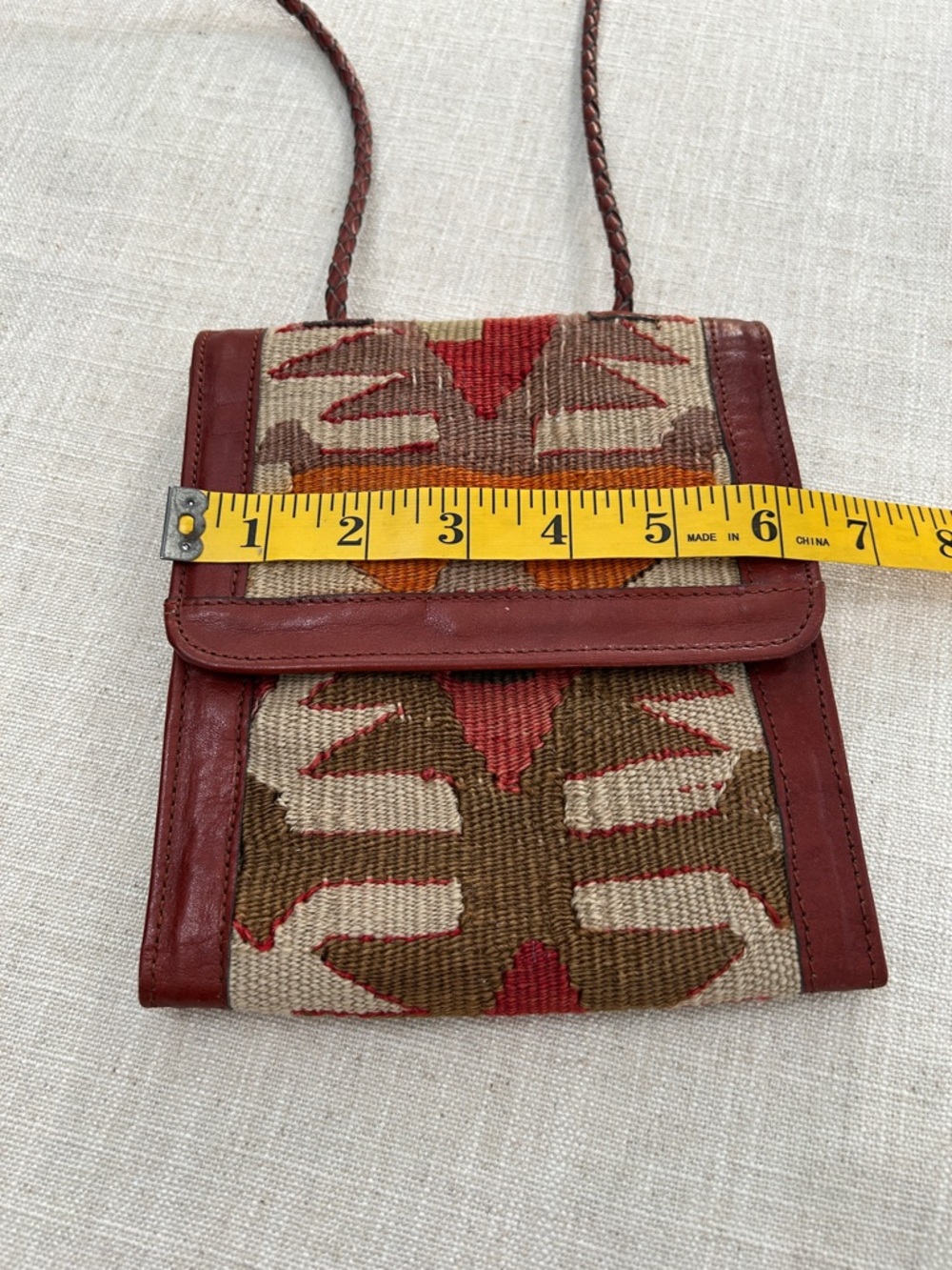 Moroccan Leather Crossbody Wallet Woven Festival Bag in Red and Brown - Picture 8 of 16